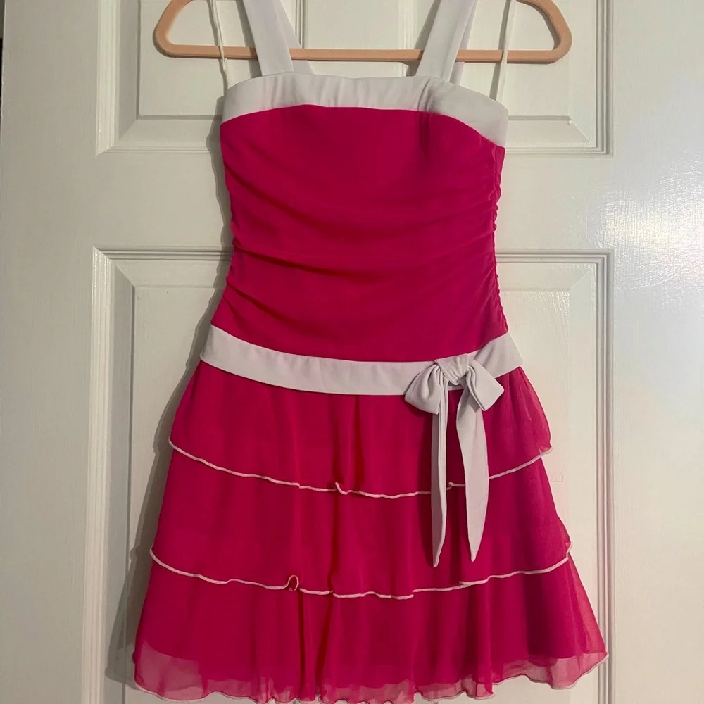 I.N. San Francisco Formal Hot Pink Dress White Straps & Bow Girls Size 10 π - Picture 1 of 16